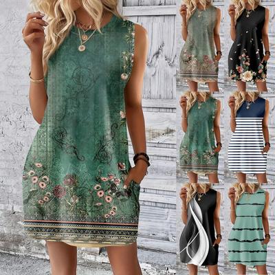 Women's Casual And Fashionable Round-neck Sleeveless Printing Mid Length Dress