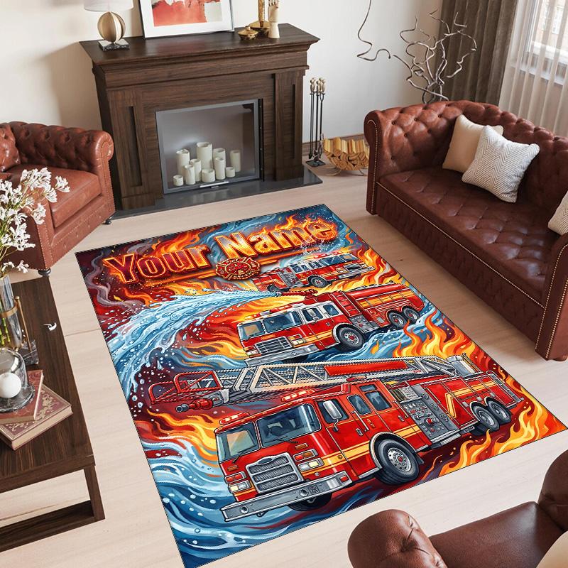 Fire Truck Theme Crystal Velvet Rug Personalized Custom Name Text Soft Floor Mat Home Decor