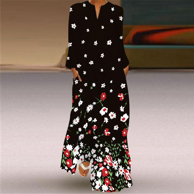 Fashion Style Spring and Summer Fashion New Women's Retro Butterfly Print Long Dress Export V Neck Long Sleeves Pocket Dress
