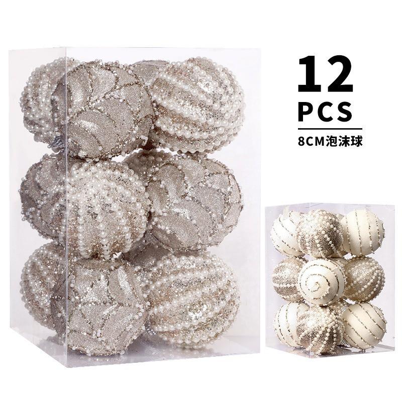 12 Pack 8cm Champagne Gold Christmas Balls Pearl Foam Tree Ornaments Holiday Decor