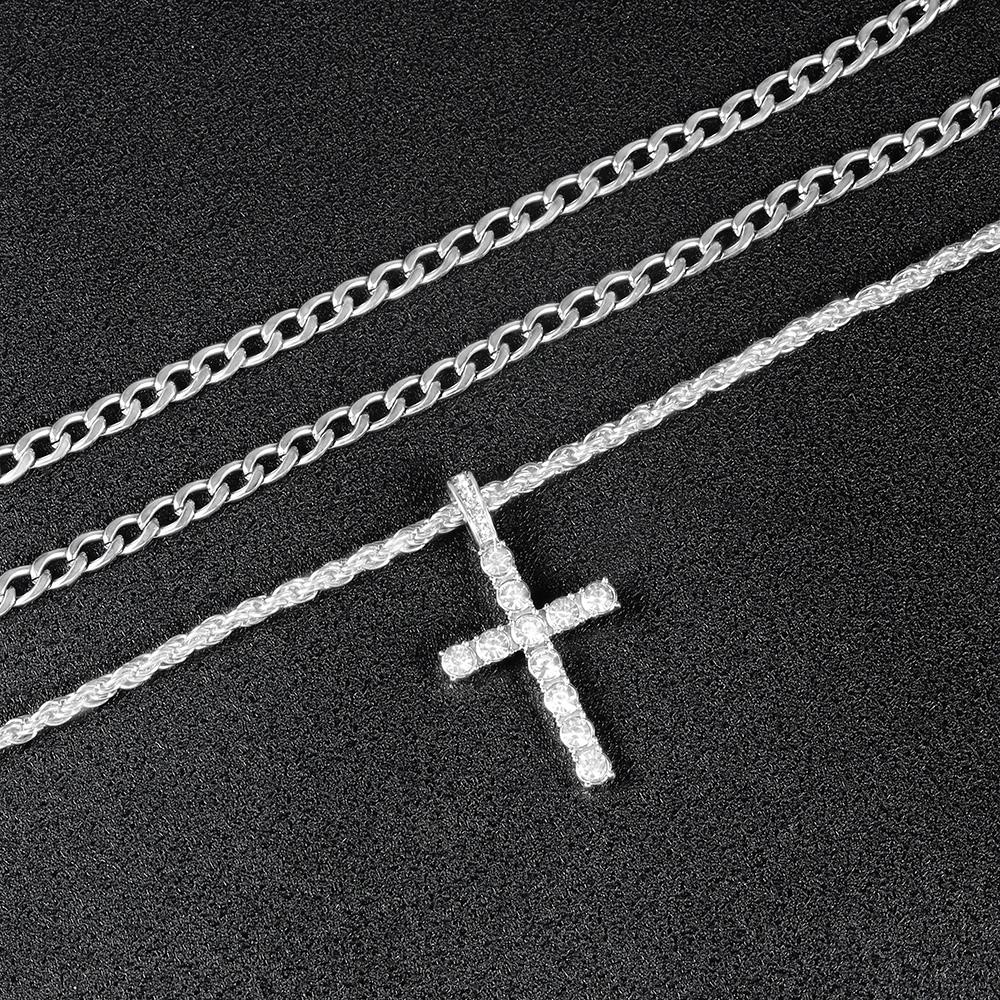 Classic Stylish Cross Jewelry Set Hip-hop Punk Inlaid Zircons Cross Pendant Necklace+Simplicity Cuban Chain Men Party Gift