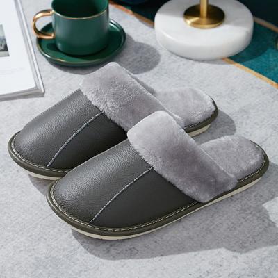 Fashion Leather Autumn and Winter Warm Cotton Slippers Home Couple Thickened Waterproof and Non-slip Plush Slippers