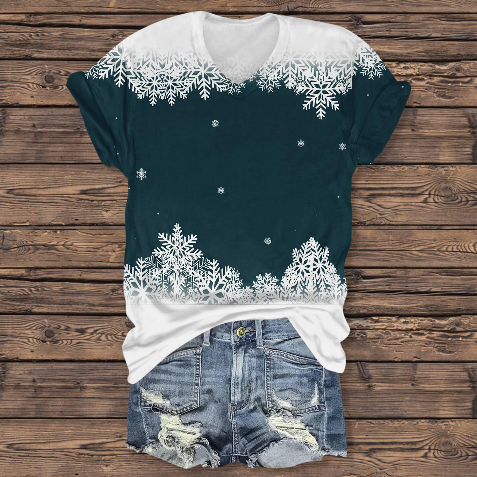 

Женская повседневная футболка с коротким рукавом и V-образным вырезом со снежинками XXXXL тёмно-синий