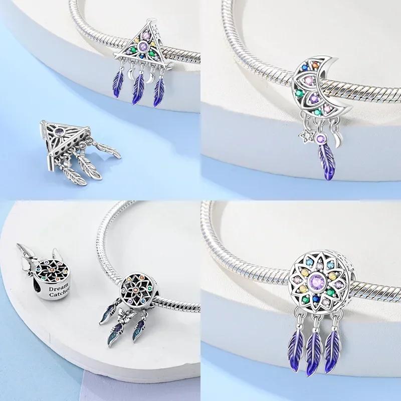 copper Colorful Zircon Heart Charm Bead Charms Dreamcatcher Feather Bead Charms Compatible With Fine Authentic Bracelets Jewellery Making Gifts for Wo