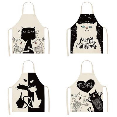 Cute Black Cat Print Kitchen Cooking Baking Apron Bib Sleeveless Linen Women Men's Home Cleaning Tools 47X38CM 68X55CM