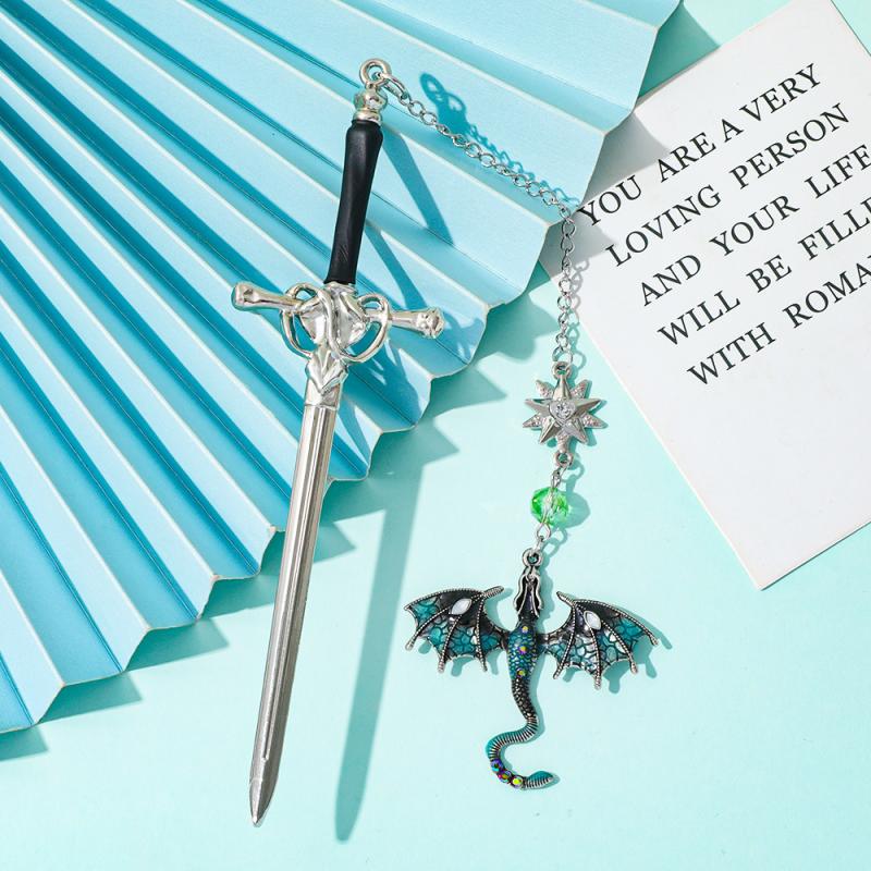 Sword-Shaped Weapon Model Metal Bookmark With Double-Winged Dragon Pendant Book Lovers Reading Accessories Birthday Gift