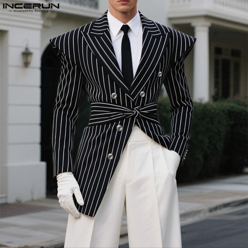 INCERUN Spring Autumn Men Long Sleeve Striped Twisted Waist Thin Blazer Coats