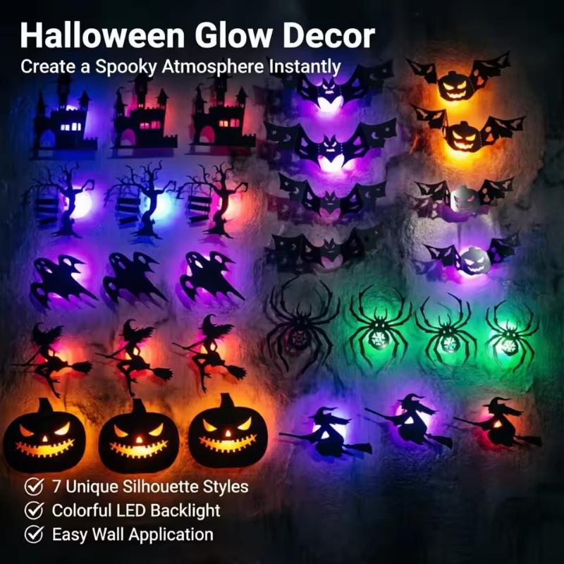 8/30Pcs/Set Led Halloween Wall Sticker 3D Hollow Night Light Bat Pumpkin, Spider Witch Castle Ghost Party Wall Decoration