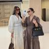Spot Foreign Trade Summer Collar Lace Long Sleeve Lantern Sleeve Hollow Button Fashion Casual Women's Long Dress