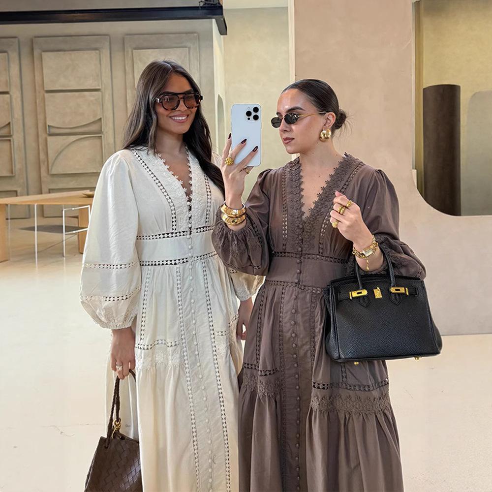 Spot Foreign Trade Summer Collar Lace Long Sleeve Lantern Sleeve Hollow Button Fashion Casual Women's Long Dress