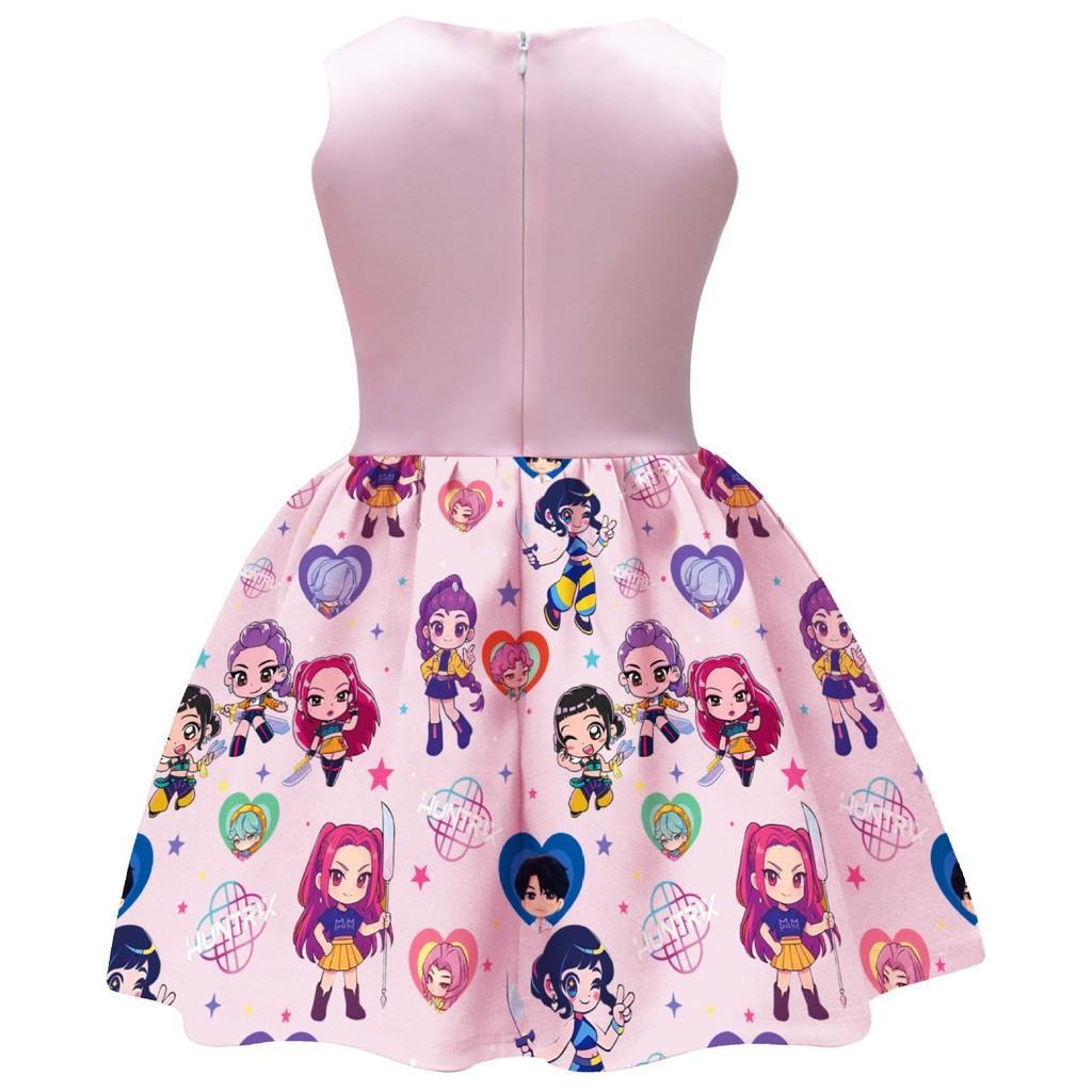 Kids Girls Anime Cartoon K-Pop Hunters Rumi Zoey Mira Printed Bow Sleeveless Casual Dress