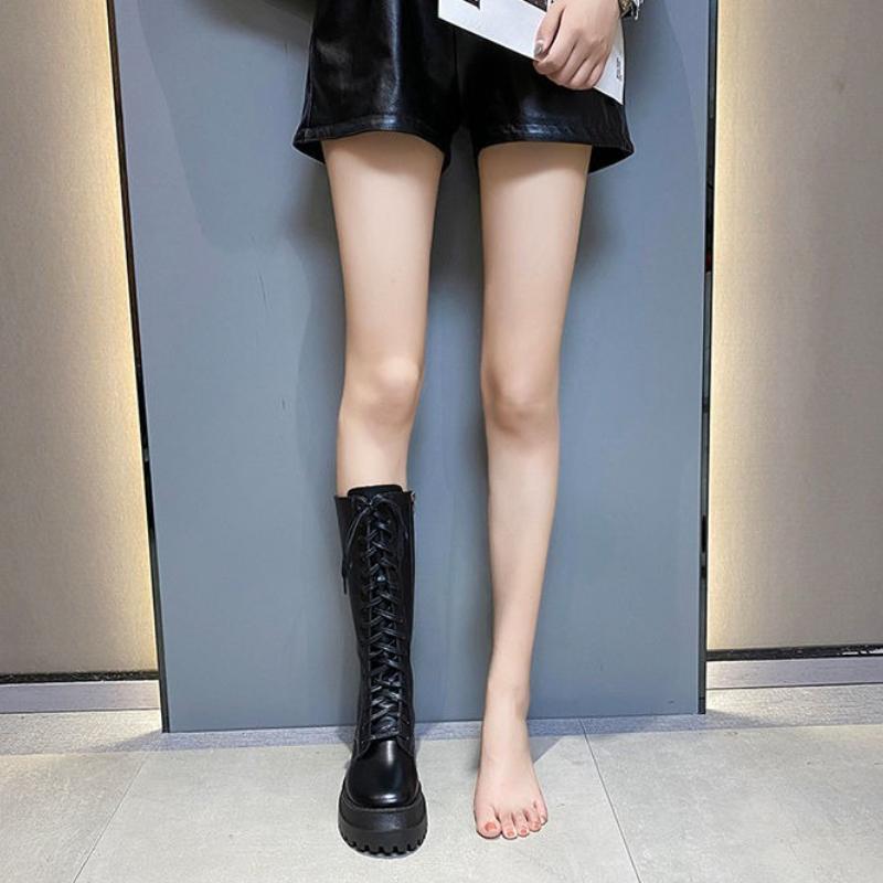 Platform Round Toe Lace-up Half High Boots for Women Autumn Winter Large Size Leather Mid Calf Shoes Woman Gothic Hot Footwear