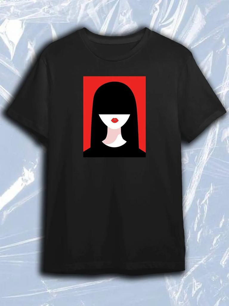 TeeSensation Black Crew Neck Short Sleeve T-Shirt with Rectangular Minimalist Woman with Black Hair Covering Eyes Red Lips On Red