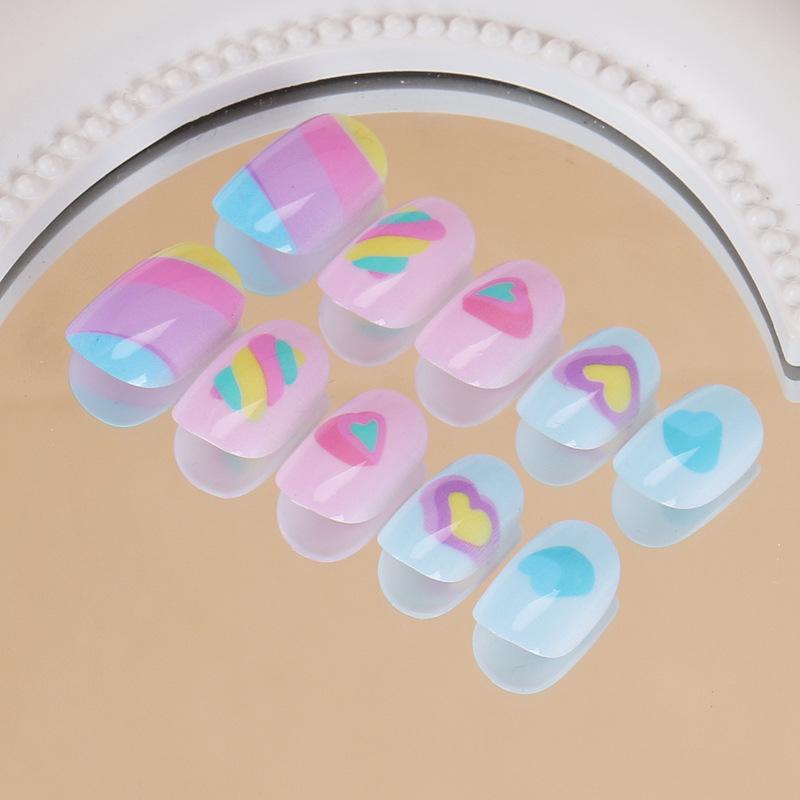 

Rainbow Heart Nail Art Set for Kids - 24 Removable Short Pieces Glue Style
