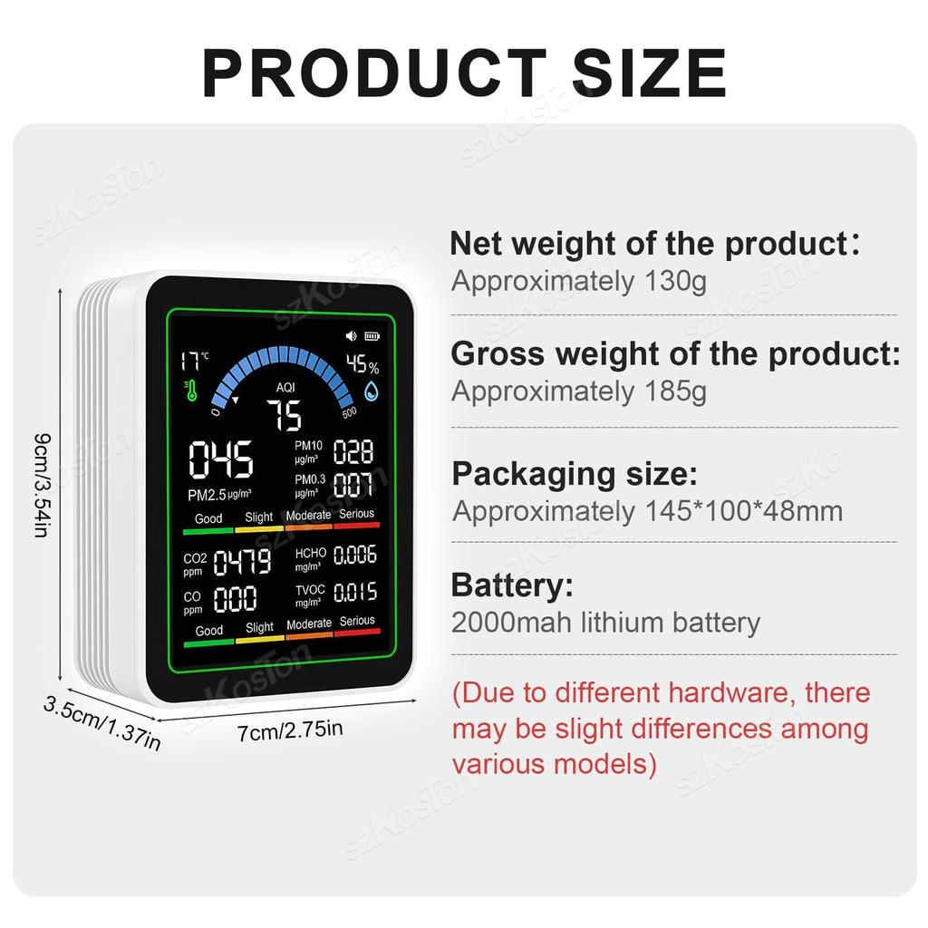 10 In 1 Air Quality Monitor PM2.5,CO₂,HCHO,TVOC,CO,Temperature and Humidity Multi-functional Air CO2 Sensor with Display Screen