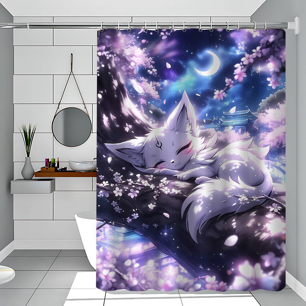 Fantasy Mystical Sakura Nine Tailed Fox 1PC Printed Shower Curtain Waterproof Washable With 12 Hooks Bathroom Shower Home Use