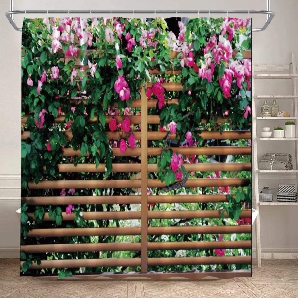 Fence Flowers Shower Curtains Blue Window Nature Floral Plants Scenery Modern Garden Wall Hanging Home Bathroom Decor with Hooks