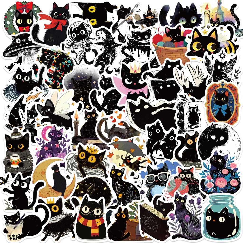 50 Cartoon Black Cat Doodle Stickers Decorate Guitar Notebook Suitcase DIY Waterproof Stickers