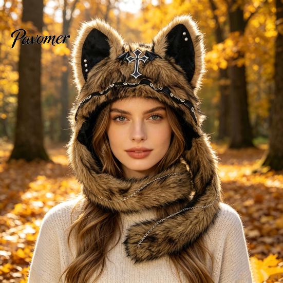 Unique Cosplay Accessories Cute Plush Animal Hat, Furry Cat Ear Headwear, Winter Halloween Party Costume Hat Soft Warm Cap for Costume, Funny
