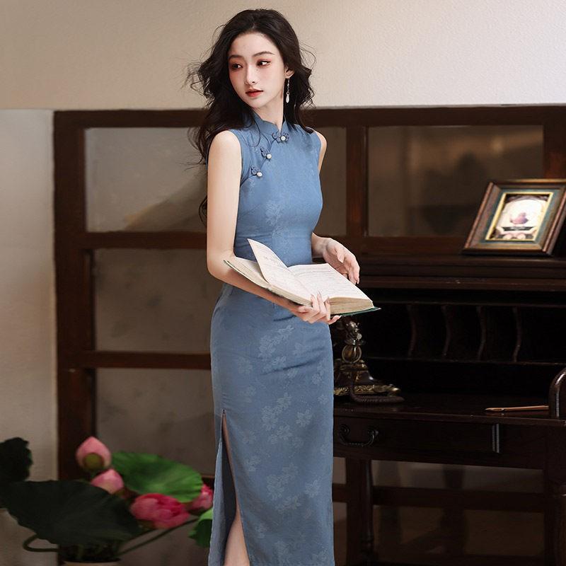 Blue Sleeveless Long Cheongsam Dress 2026 Womens Modern Chinese Style Retro Elegant Formal Wear