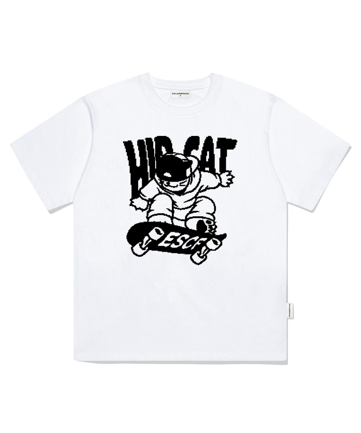 Escape From Black Hip Cat Skateboard Print Oversized Short Sleeve T-Shirt White L
