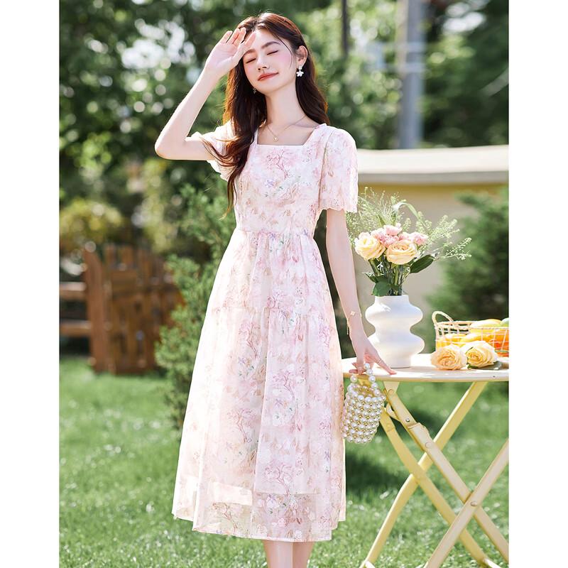Elegant Square Neck Puff Sleeve A-Line Midi Dress