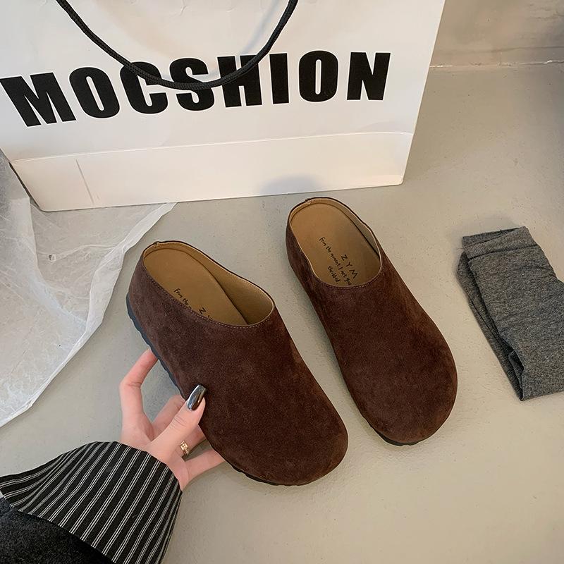 Retro matte leather lazy one-pedal Boken slippers women's 2024 autumn new non-slip casual bag head half slippers