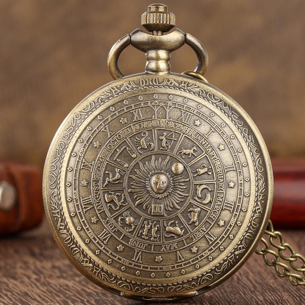 Vintage 12 Burç Bronz Kuvars Cep Saati Arap Rakamlı Kadran Kolye Ucu Zincir Cep Saati Retro Unisex Hediye