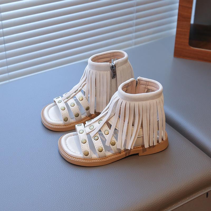 Summer Children s Sandals Girls Rivet Flow Roman Sandals Casual Fashion Versatile Sandals 26 бежевый
