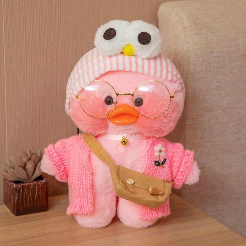 Peluche Canard Kawaii Lalafanfan Cafe, Canard Poupée en Peluche Blush Blanc avec Bandeau Cheveux Nœud Gris Pull Tricoté Lunettes Bandoulière