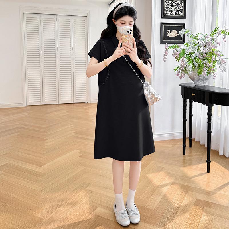 Trendy Korean-Style Summer Maternity Dress - Loose, Casual, Slimming Fit with High-End Lapel Design 2XL