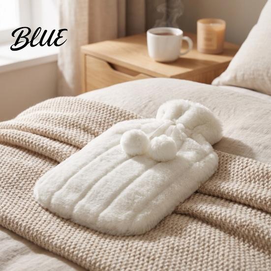 Period Pain Relief Hot Water Bag 2L Bottle with Plush Cover, Pompom Drawstring Explosion Proof Bag, Winter Warm for Hands, Feet, Stomach Reusable