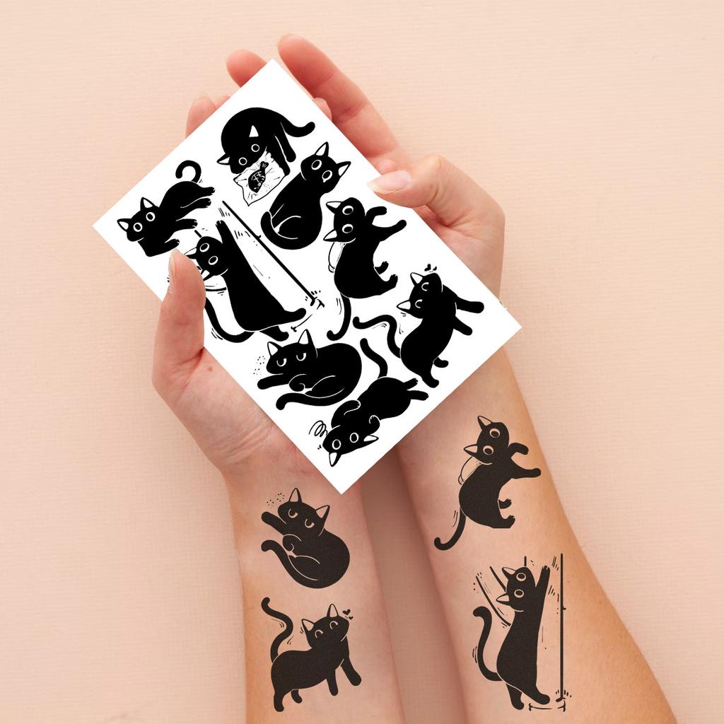 10 Arkuszy Małe Czarne Koty Tymczasowe Naklejki Tatuaże, Urocze Kreskówkowe Wzory Kotów, Makijaż na Imprezę Wodoodporne Naklejki Tatuaże