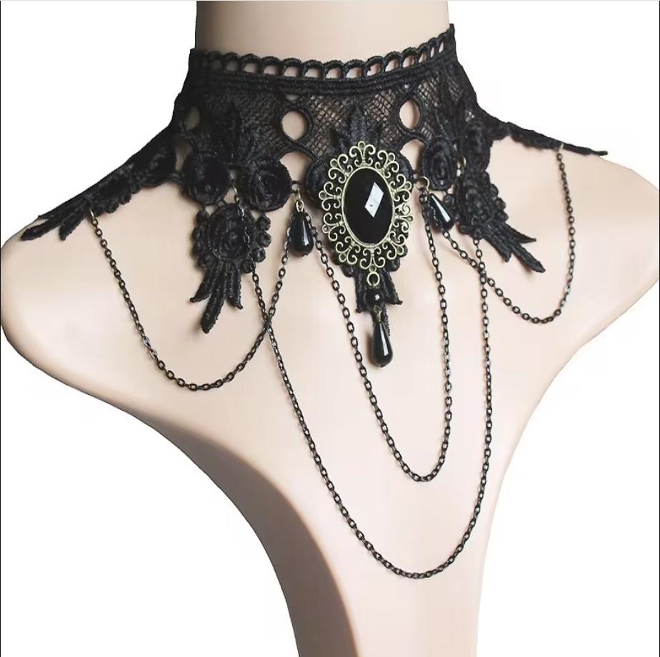 Gothic Victorian Black Lace Necklace Women Girl Boho Crystal Tassel Sexy Lace Choker Dark Loli Style Holiday Party Girl Jewelry