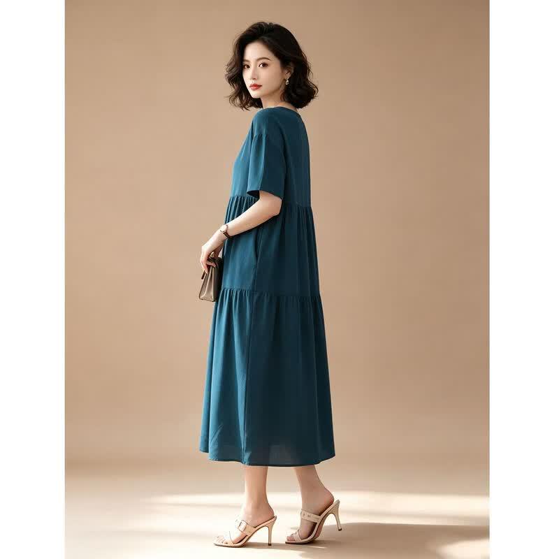 EST+II Women's Yunqi Round Neck Short Sleeve Cake Long Dress