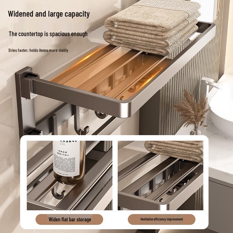 No-Drill Foldable Bathroom Towel Rack with Hooks and Storage Shelf