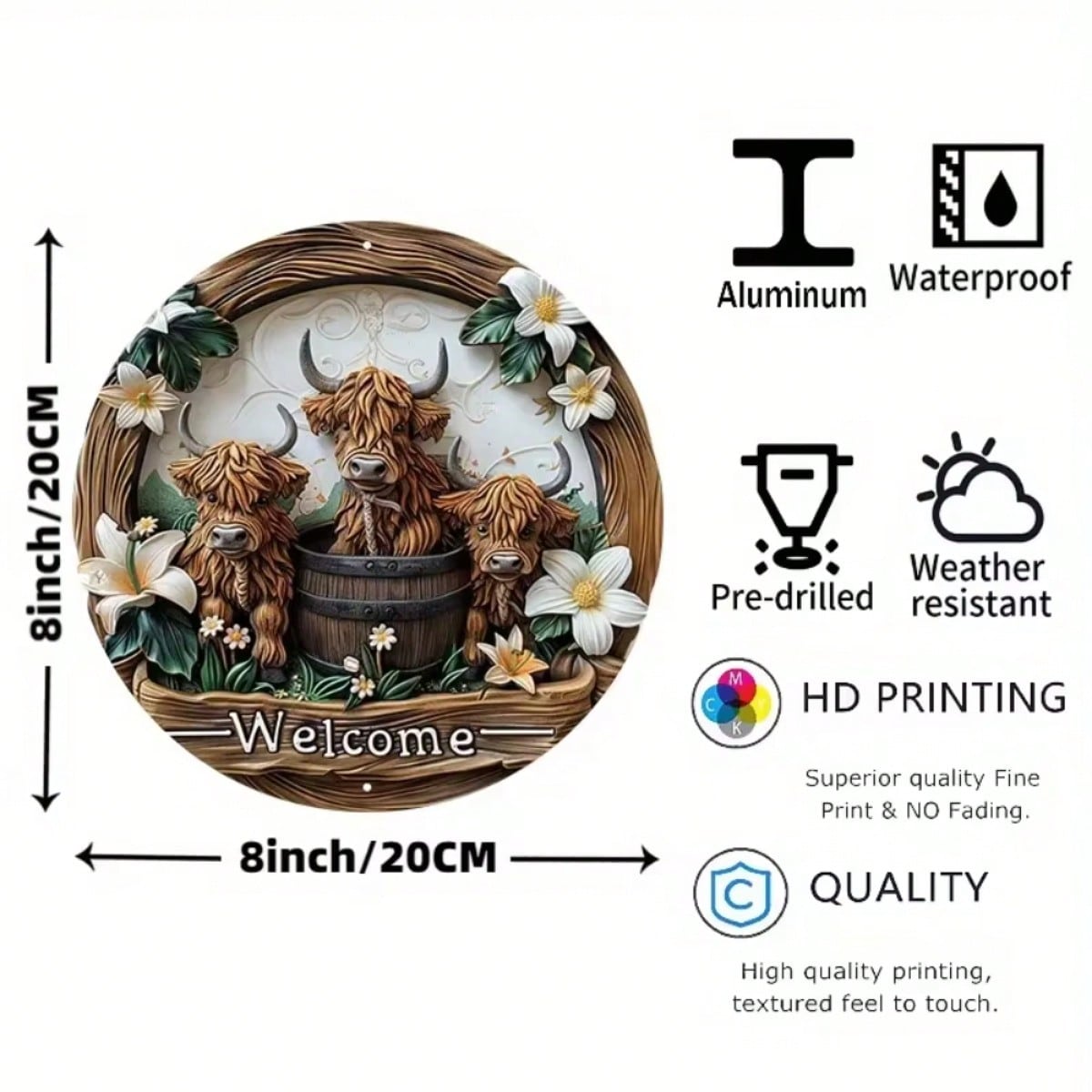 

Vintage Highland Cow Lily Flower Metal Tin Sign UV Resistant Indoor Outdoor Wall Decor TYA0756-20x20cm разноцветный