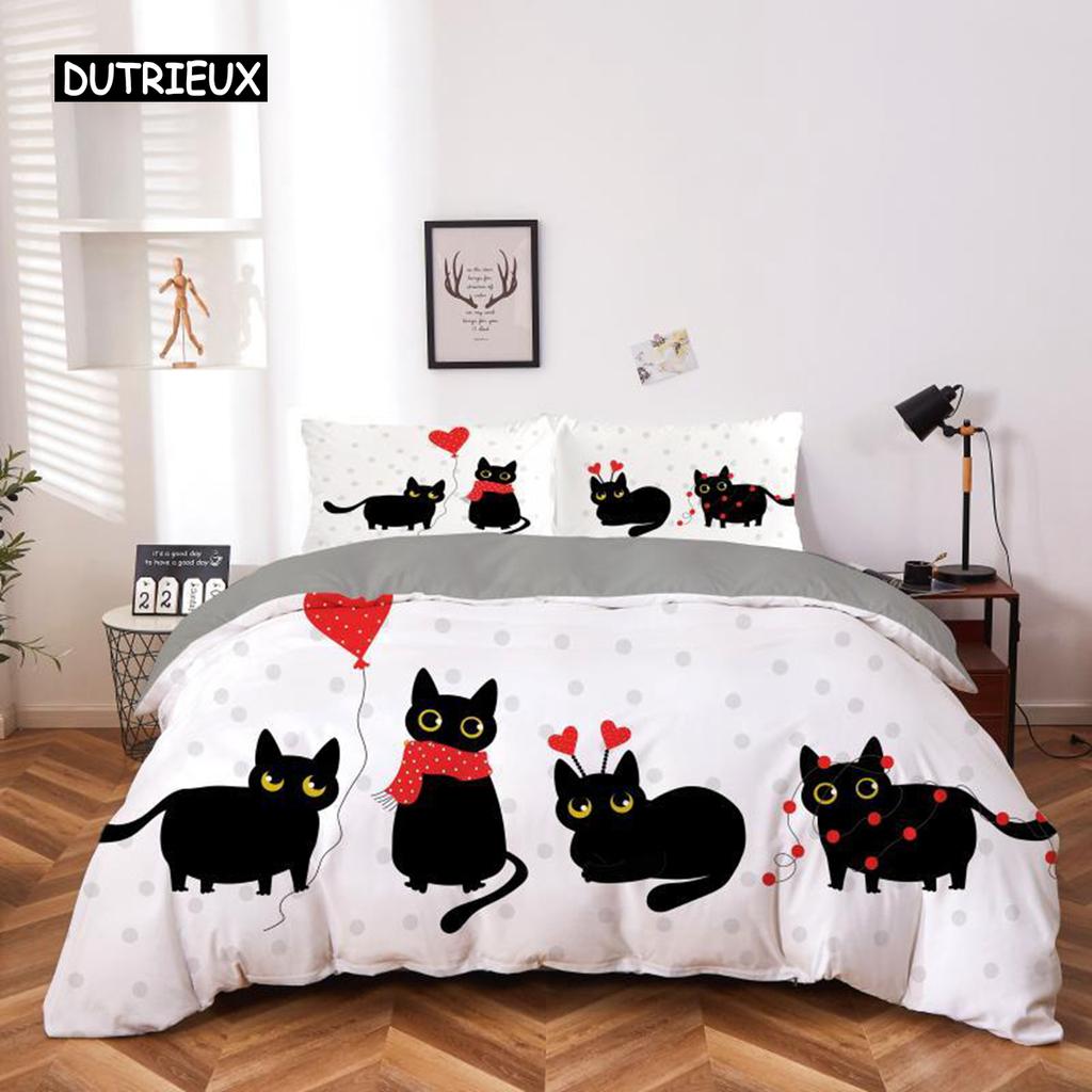 Cartoon Katze Bettbezug Set Mikrofaser Schwarzes Kätzchen Gelbes Liebesherz Muster Bettwäsche Set 2/3-teilig Queen King Size Bettdeckenbezug