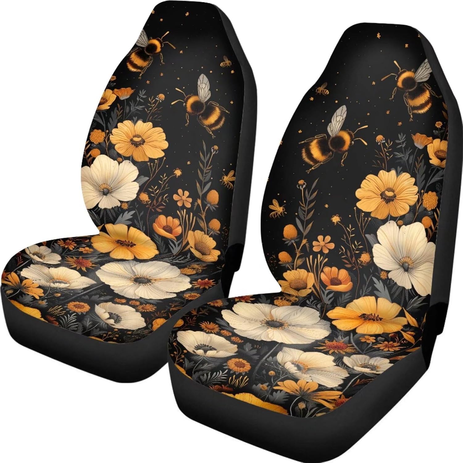 

Groovy Flower Auto Seat Cover, Hippie Floral Ball Car Accessories for Women, Colorful Full Set of 2 Pack, Fits Most Cars, SUVs, Vans,Trucks Black Bee Gold White Flow