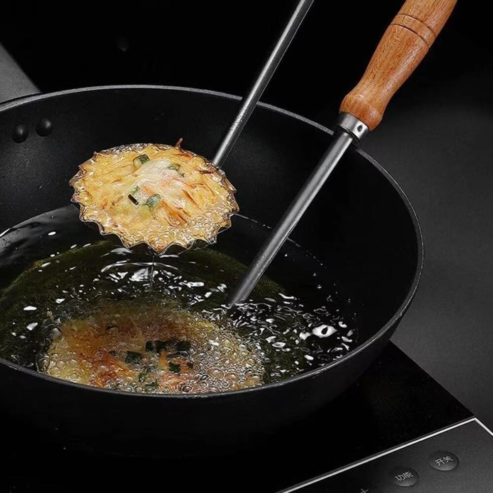 Stainless Steel Fried Food Mold Wooden Handle Shrimp Cakes Mold Oil Pier Mold Easy To Separate