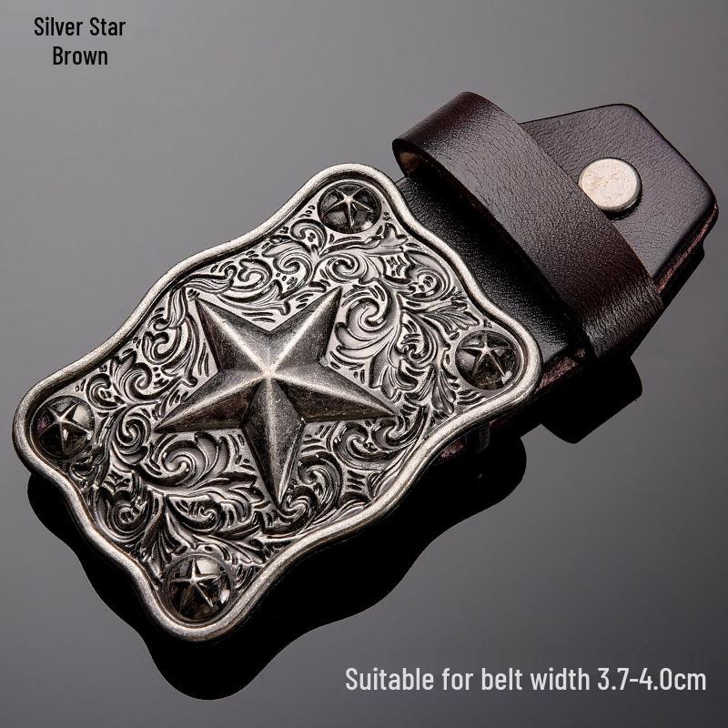 Tiger Head Alloy Western Cowboy Leather Belt with Smooth Buckle