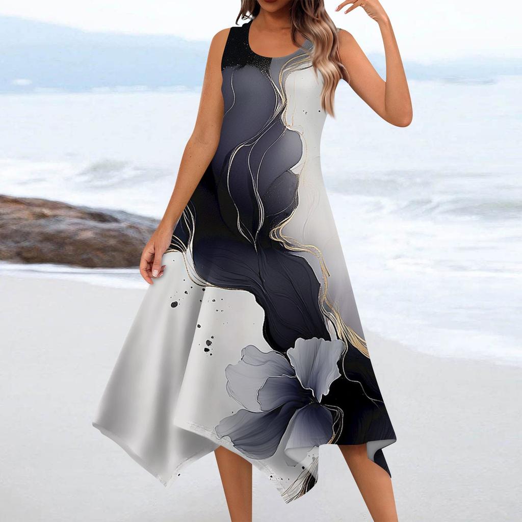 Women's Casual Fashion Round Neck Sleeveless Floral Print Irregular Hem Midi Dress