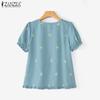 ZANZEA Blusa informal de verano con cuello redondo y manga corta estampada para mujer