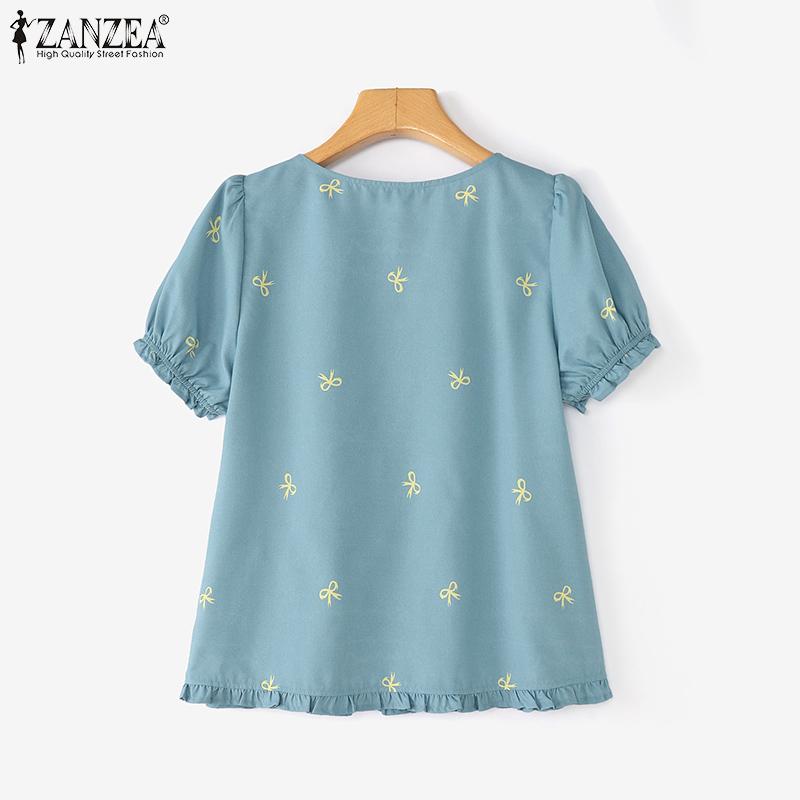 ZANZEA Blusa informal de verano con cuello redondo y manga corta estampada para mujer
