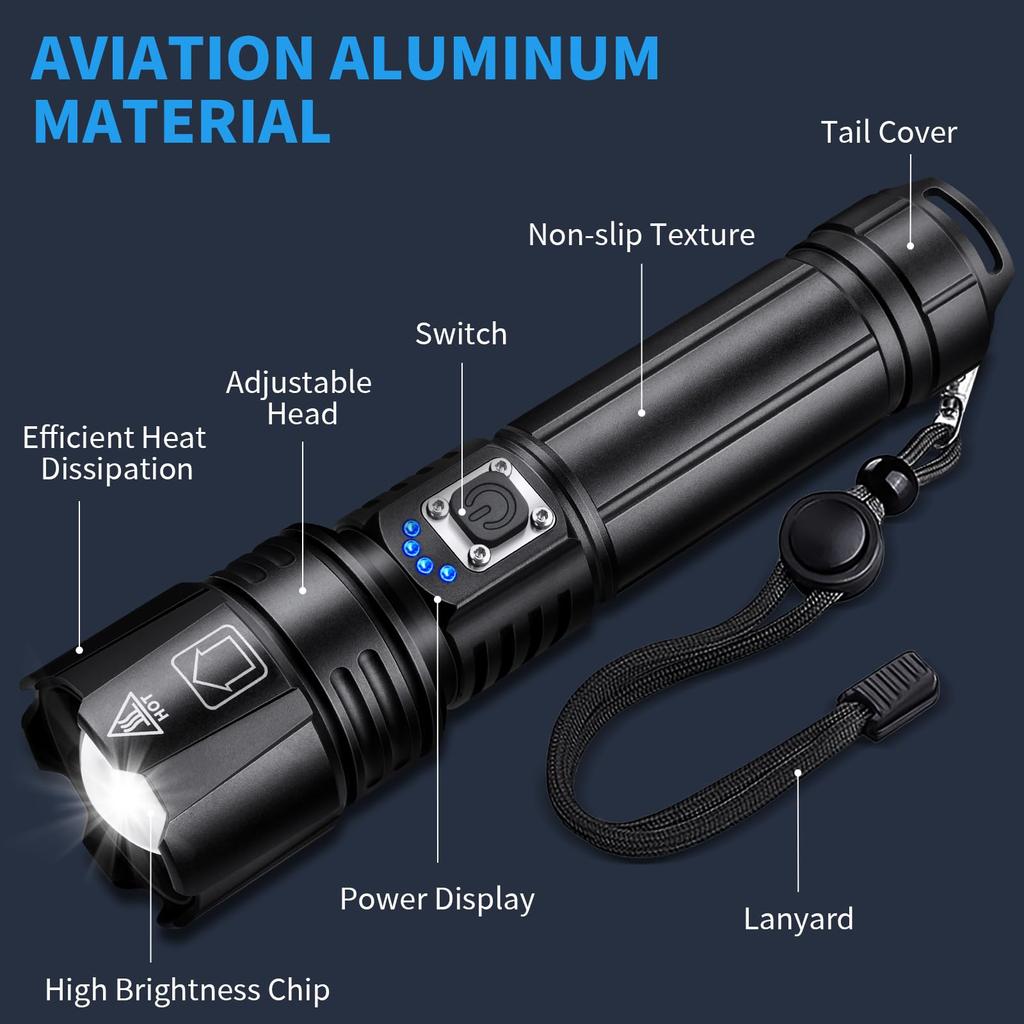 Rechargeable Flashlight Led 950000 Lumen XHP70.2 Super Bright Flash Light High Powered Handheld Flashlights IP67 Waterproof