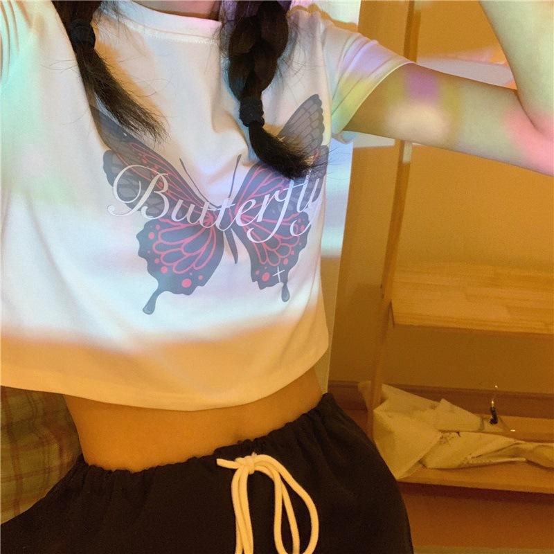 New Summer Korean Butterfly Printed White Short T-shirt for Female Students Slim Short Sleeves Slim Top