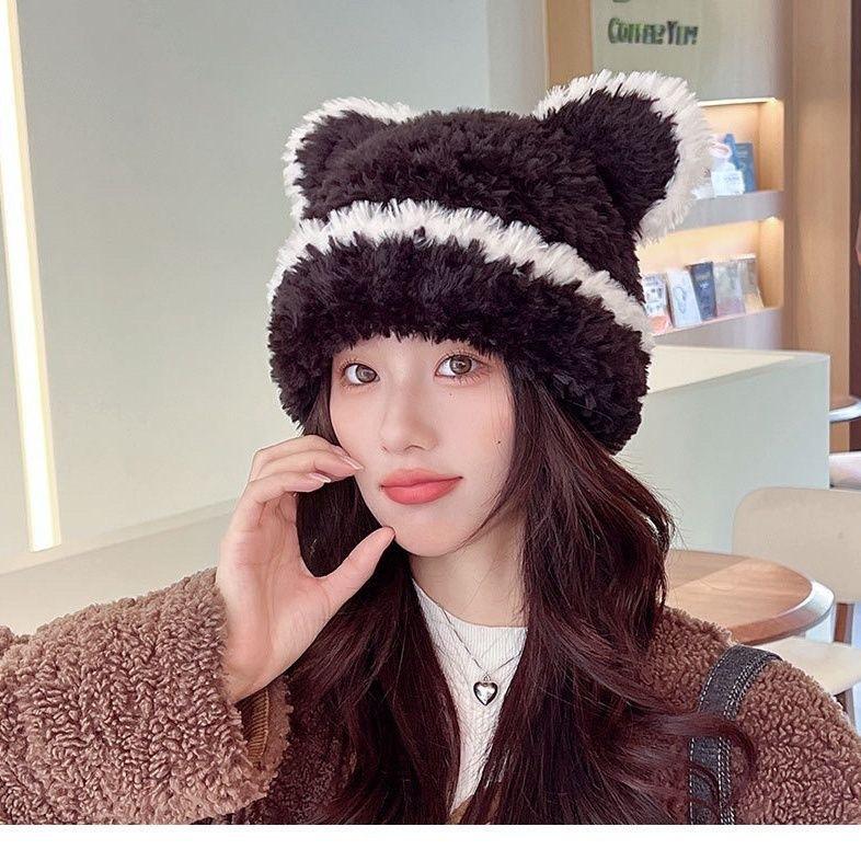 Plush Hat Female Winter Cute Bear Ears Striped Contrasting Color New Sweet Contrasting Color Knitted Wool Hat