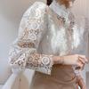 Women Lace Blouses Petal Sleeve Women Blouse Chic Button Hollow Out Flower Lace Patchwork White Shirt Top Female Clothing