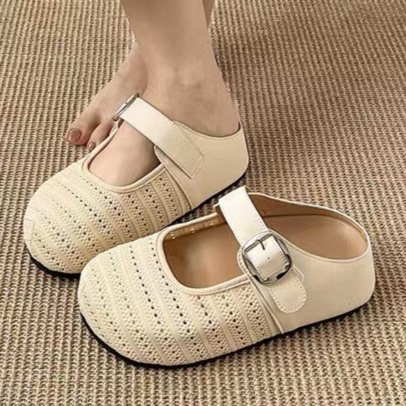 Mesh Flats Mules Shoes for Women Designer Weave Buckle Slippers 2025 Autumn New Trends Casual Slingback Zapatillas Mujer