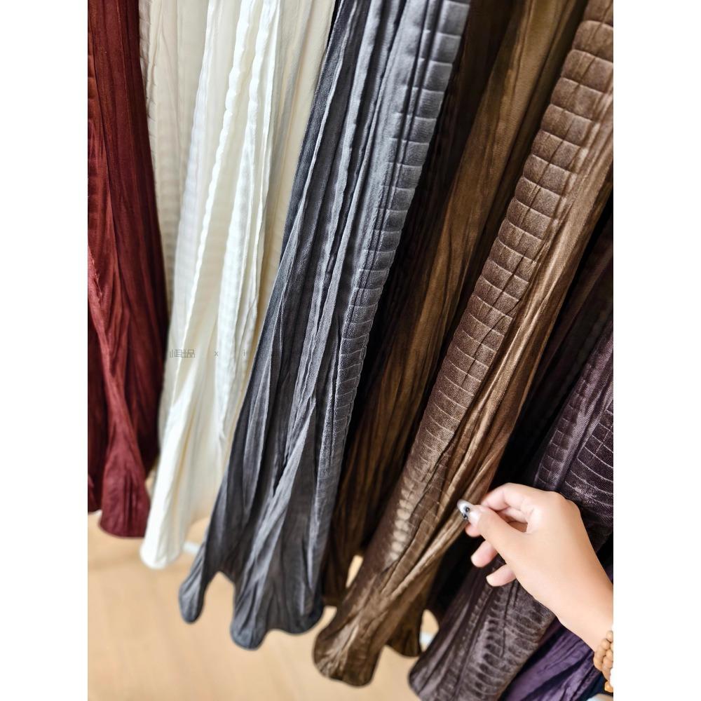 DIMANAF 2025 Autumn New Women Skirts Solid Plaid Loose Elastic Waist Pleated Elegant Long Skirts Red